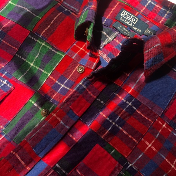 Vtg Rare Polo Ralph Lauren Patchwork Tartan Plaid Flannel Workshirt XXL 2XL - Picture 6 of 15